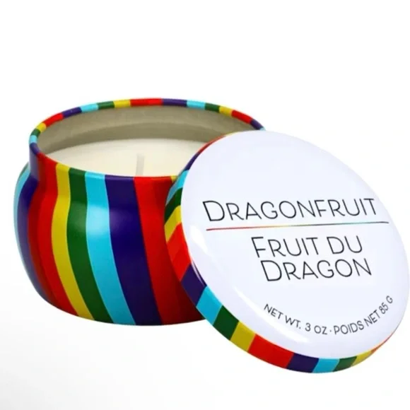 Dragon Fruit- Scented Candle in 
Rainbow Striped Tin   3 oz - Picture 3 of 3